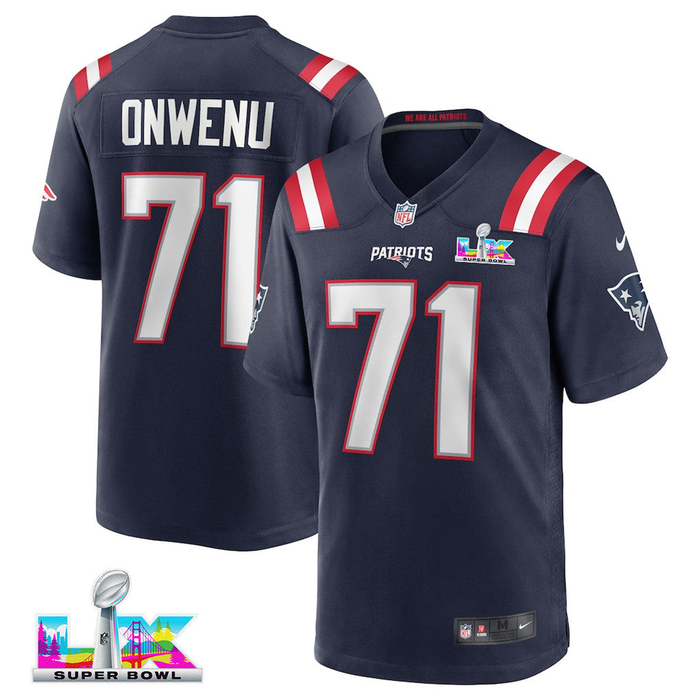 Mike Onwenu 71 New England Patriots 2026 Super Bowl LX Game Jersey - Navy