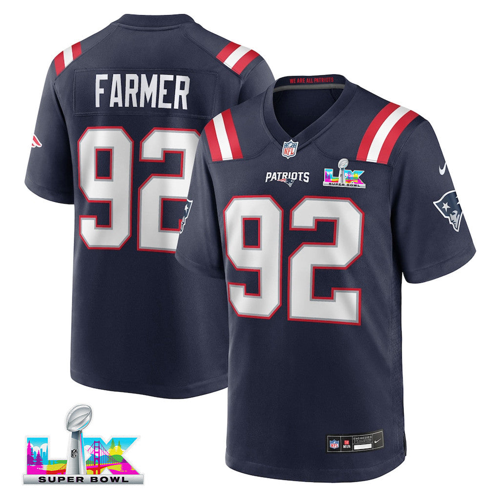 Joshua Farmer 92 New England Patriots 2026 Super Bowl LX Game Jersey - Navy