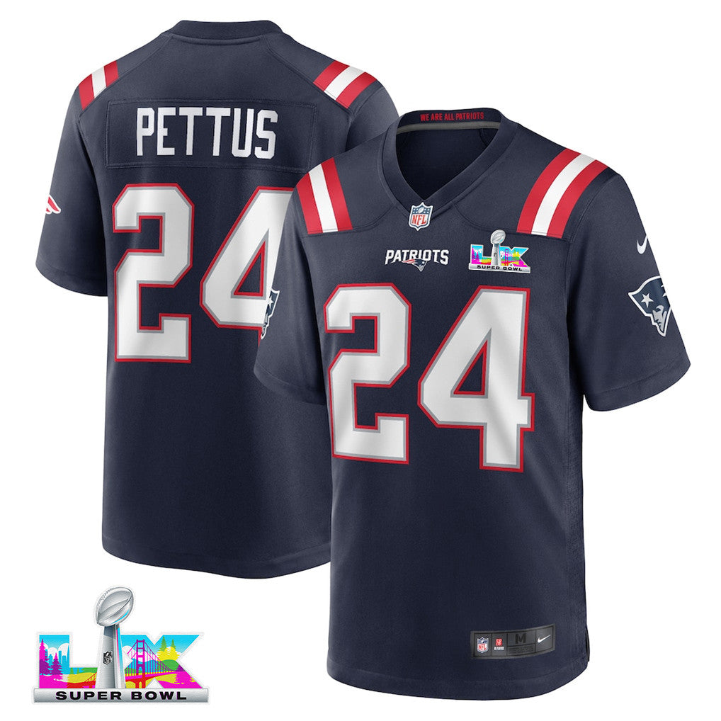 Dell Pettus 24 New England Patriots 2026 Super Bowl LX Game Jersey - Navy