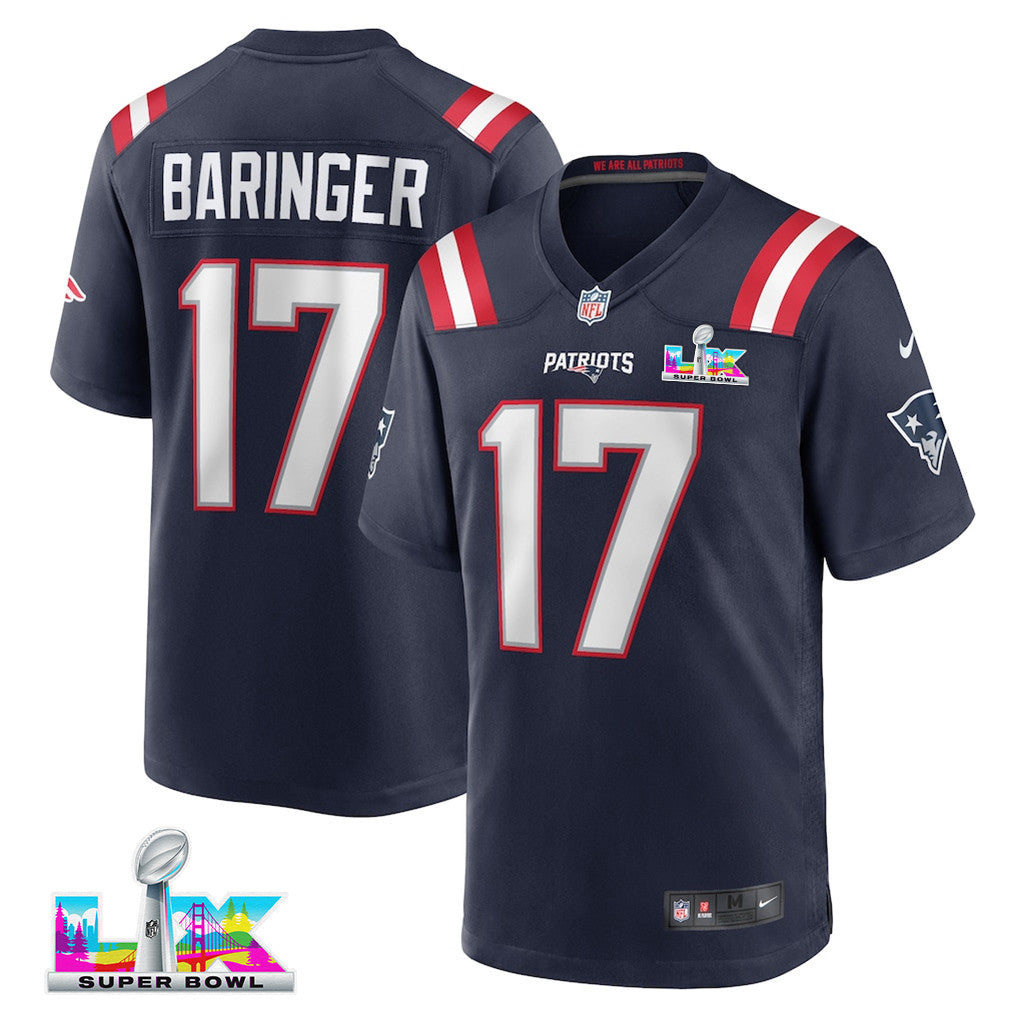 Bryce Baringer 17 New England Patriots 2026 Super Bowl LX Game Jersey - Navy