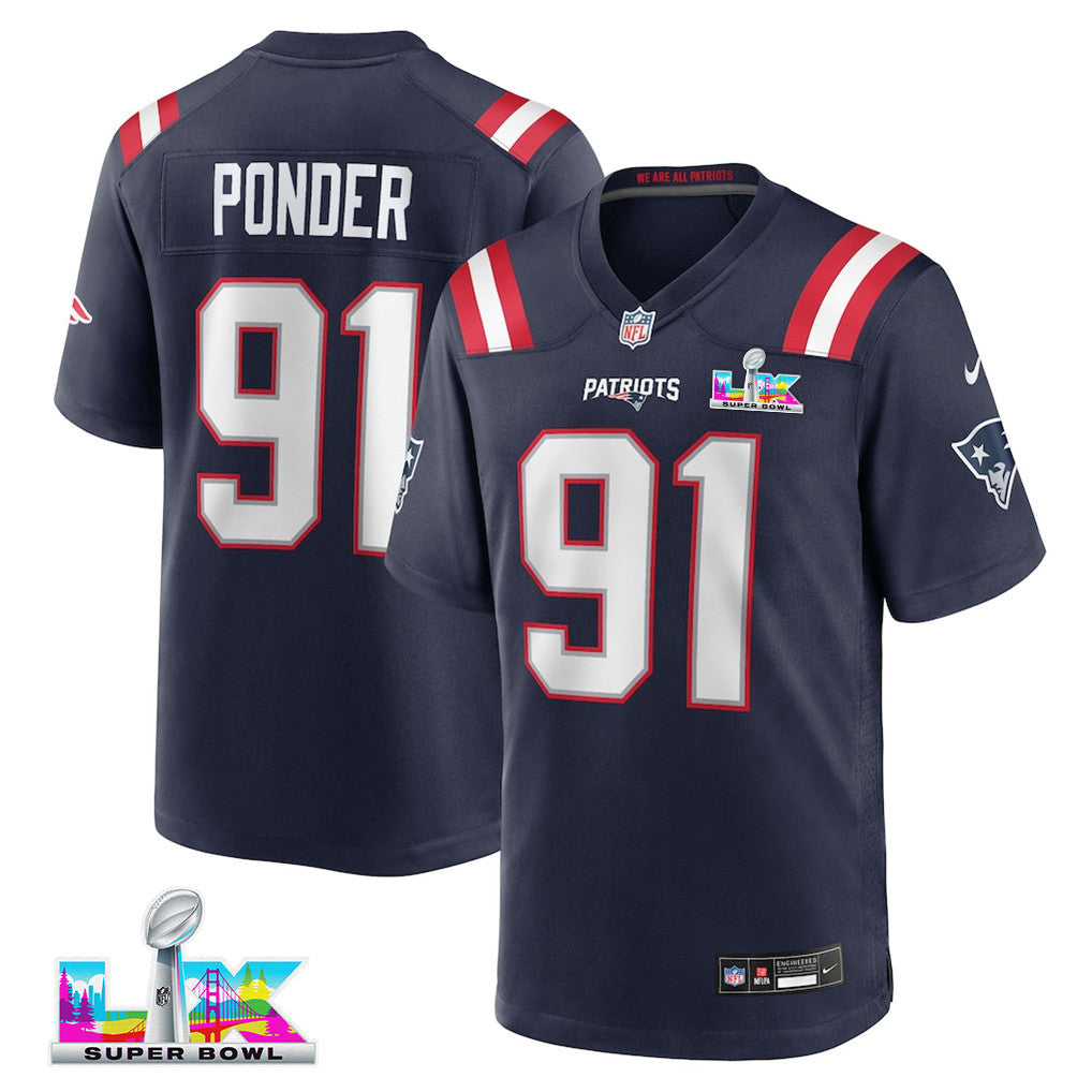 Elijah Ponder 91 New England Patriots 2026 Super Bowl LX Game Jersey - Navy