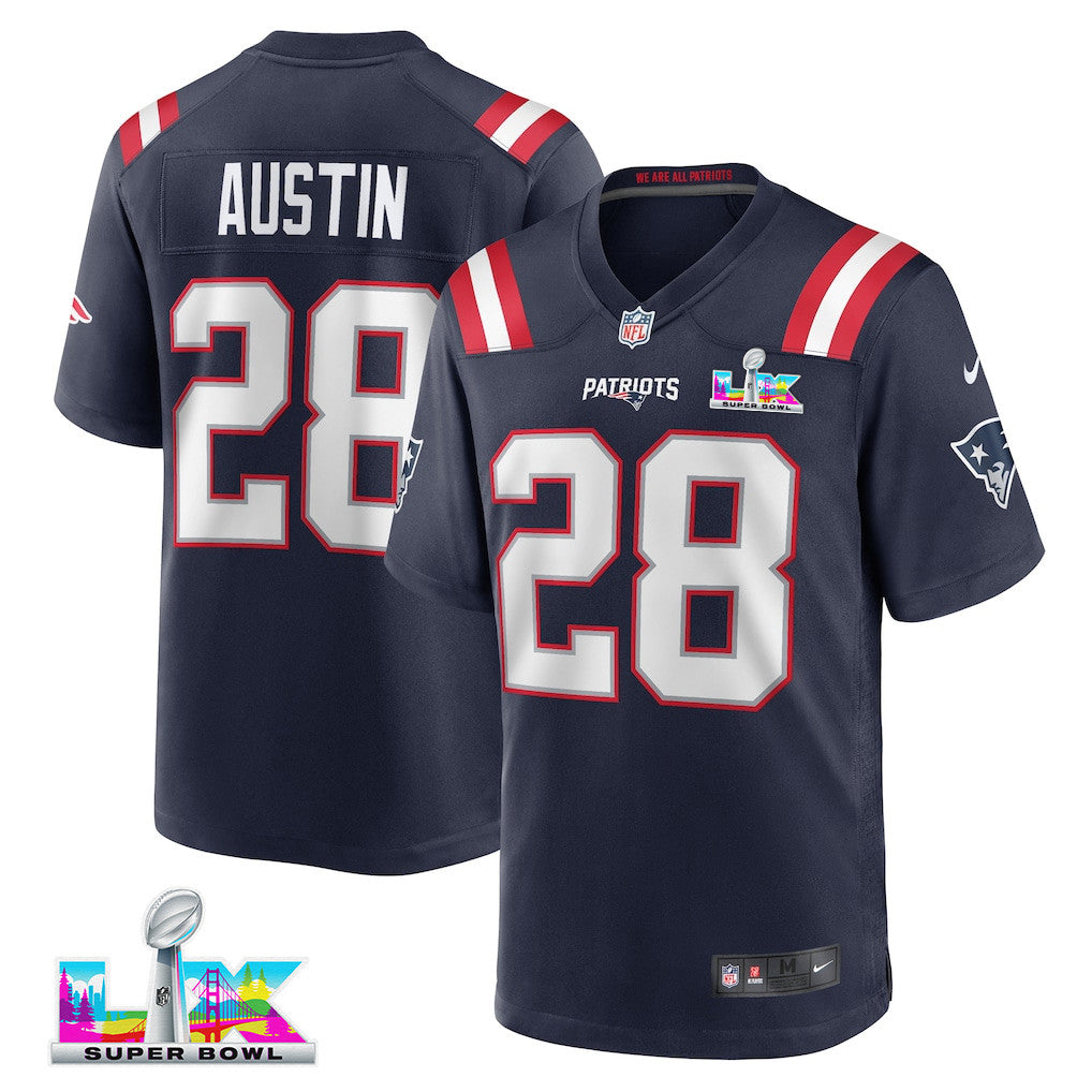 Alex Austin 28 New England Patriots 2026 Super Bowl LX Game Jersey - Navy