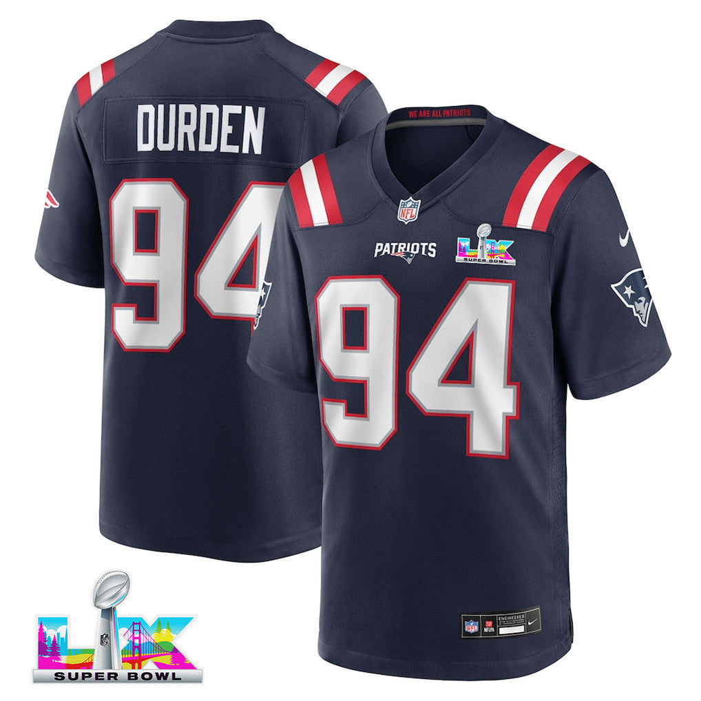 Cory Durden 94 New England Patriots 2026 Super Bowl LX Game Jersey - Navy