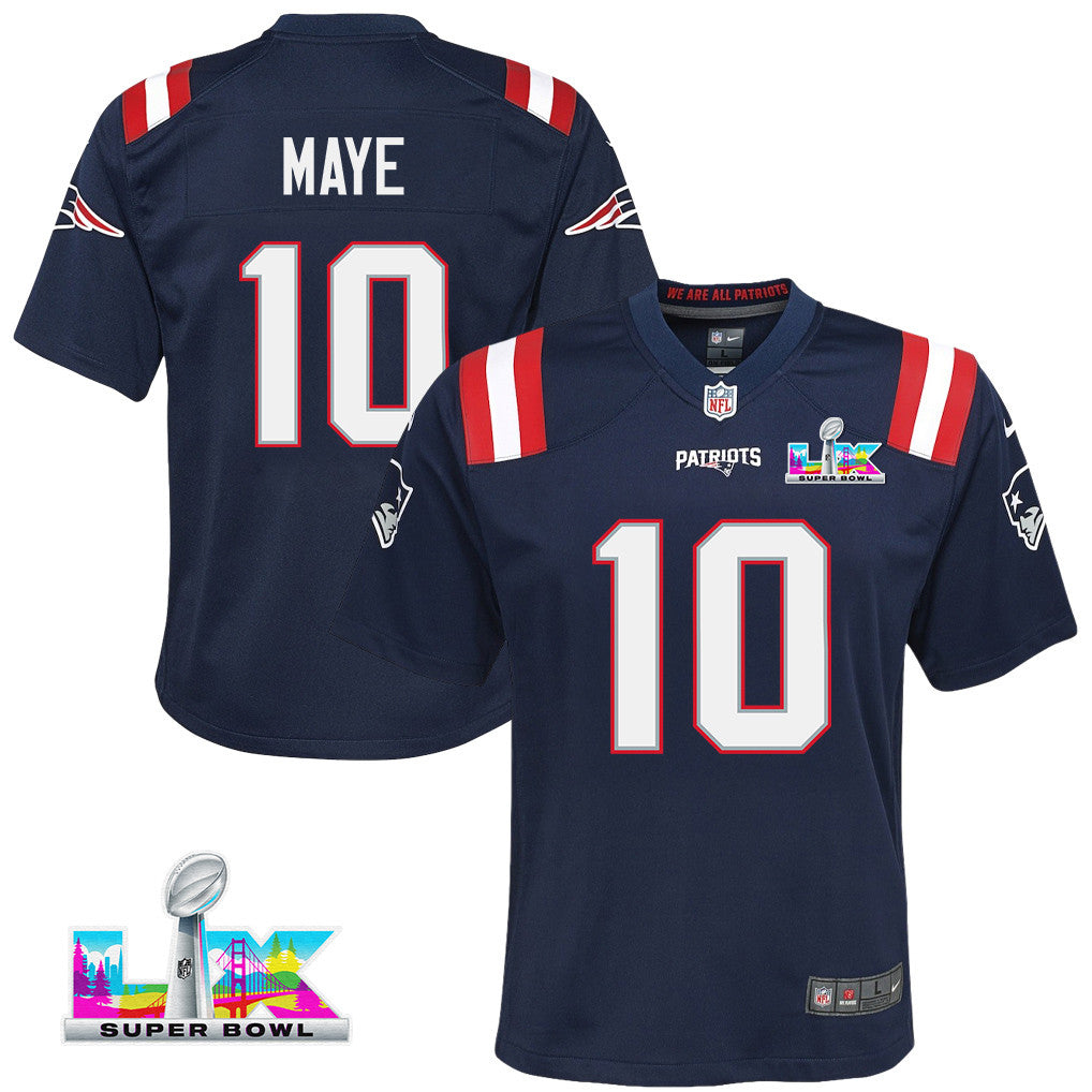 Drake Maye 10 New England Patriots YOUTH 2026 Super Bowl LX - Game Jersey - Navy
