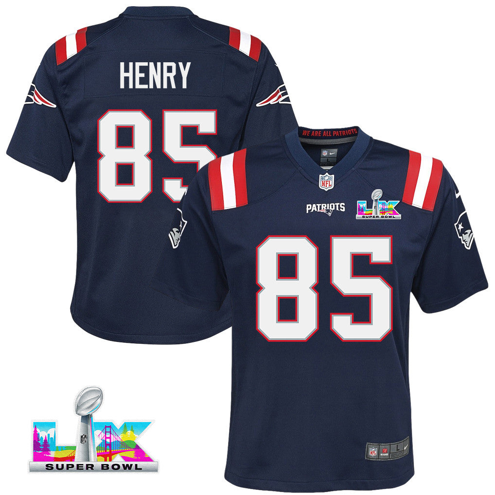 Hunter Henry 85 New England Patriots YOUTH 2026 Super Bowl LX - Game Jersey - Navy