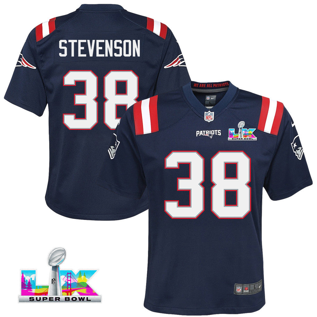 Rhamondre Stevenson 38 New England Patriots YOUTH 2026 Super Bowl LX - Game Jersey - Navy