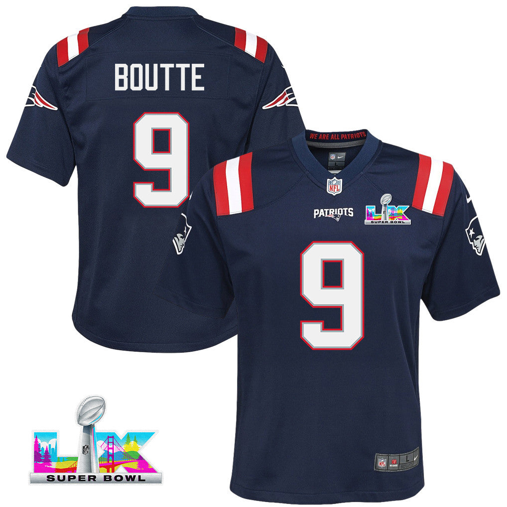Kayshon Boutte 9 New England Patriots YOUTH 2026 Super Bowl LX - Game Jersey - Navy