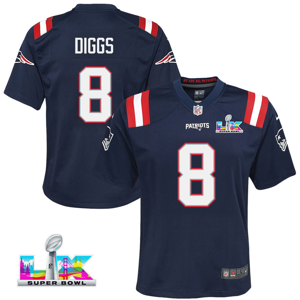 Stefon Diggs 8 New England Patriots YOUTH 2026 Super Bowl LX - Game Jersey - Navy