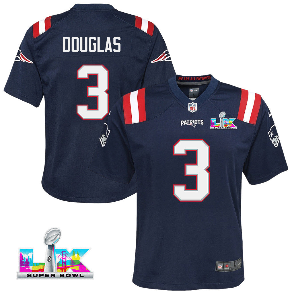 DeMario Douglas 3 New England Patriots YOUTH 2026 Super Bowl LX - Game Jersey - Navy