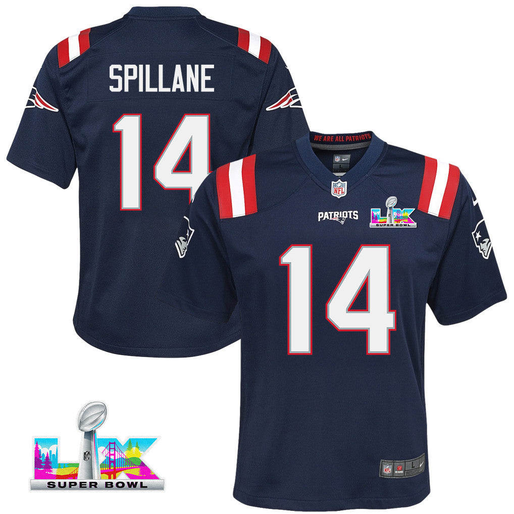 Robert Spillane 14 New England Patriots YOUTH 2026 Super Bowl LX - Game Jersey - Navy