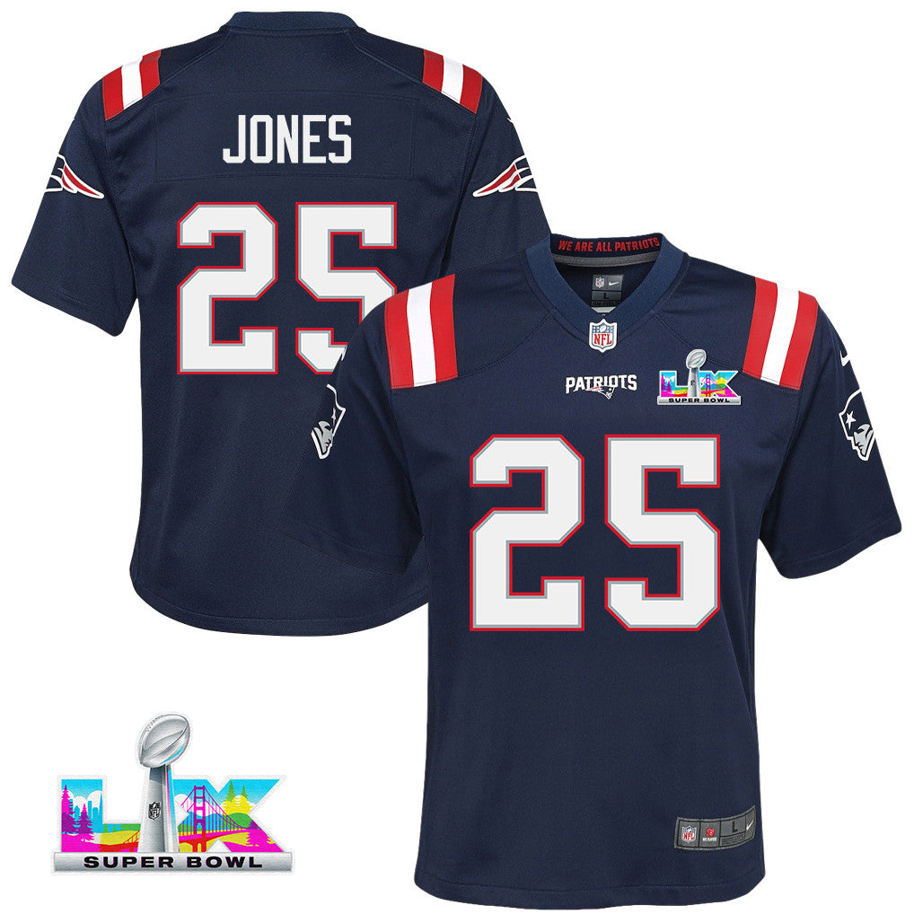 Marcus Jones 25 New England Patriots YOUTH 2026 Super Bowl LX - Game Jersey - Navy