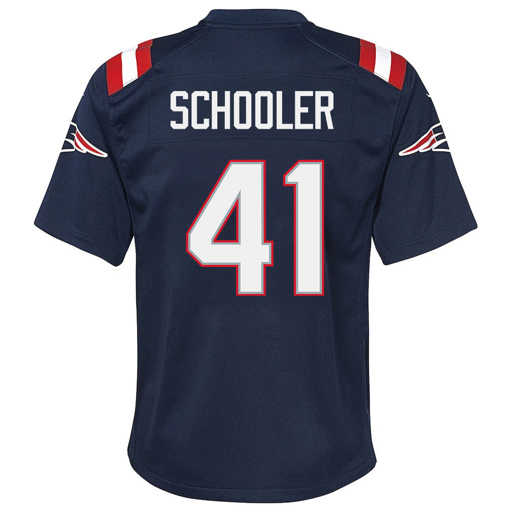 Brenden Schooler 41 New England Patriots YOUTH 2026 Super Bowl LX - Game Jersey - Navy