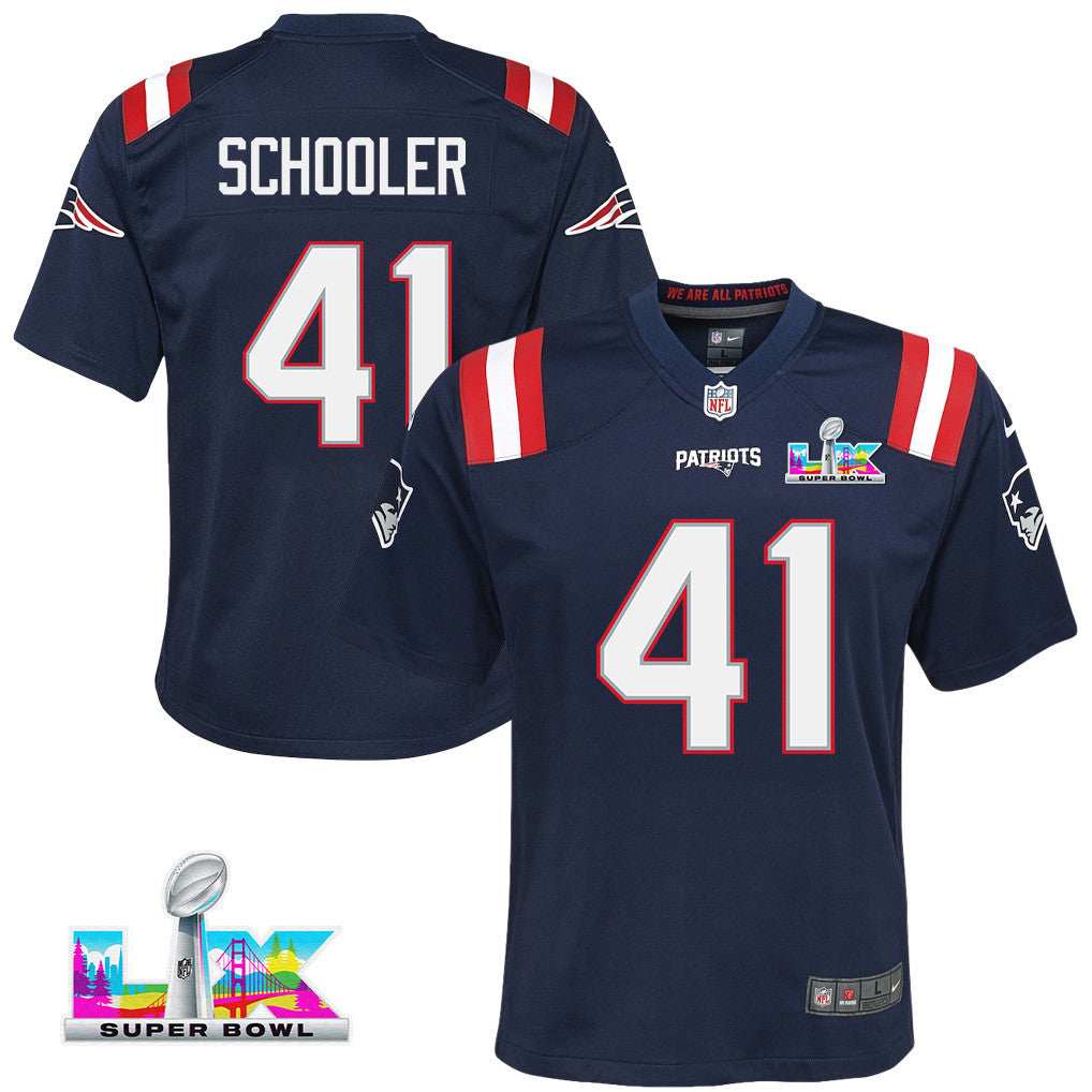 Brenden Schooler 41 New England Patriots YOUTH 2026 Super Bowl LX - Game Jersey - Navy