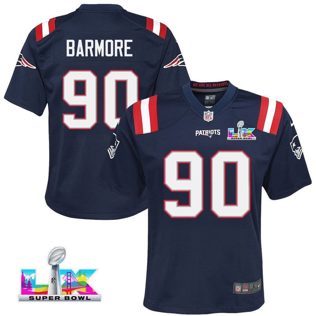 Christian Barmore 90 New England Patriots YOUTH 2026 Super Bowl LX - Game Jersey - Navy