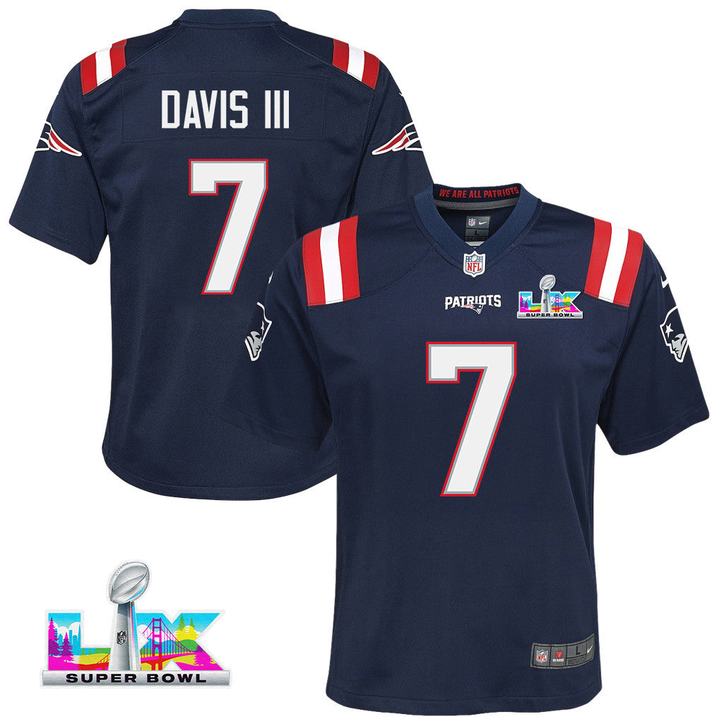 Carlton Davis III 7 New England Patriots YOUTH 2026 Super Bowl LX - Game Jersey - Navy
