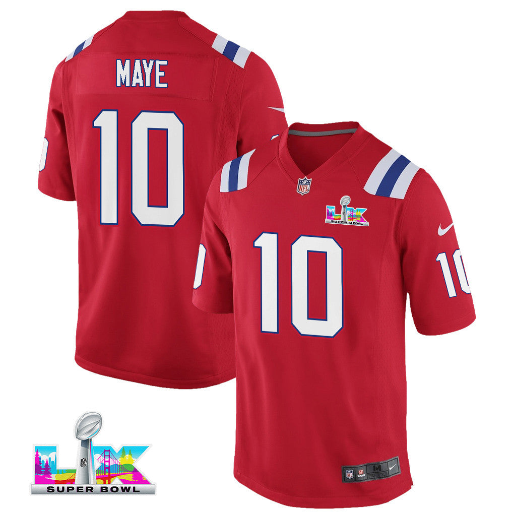 Drake Maye 10 New England Patriots YOUTH 2026 Super Bowl LX - Alternate Game Jersey - Red