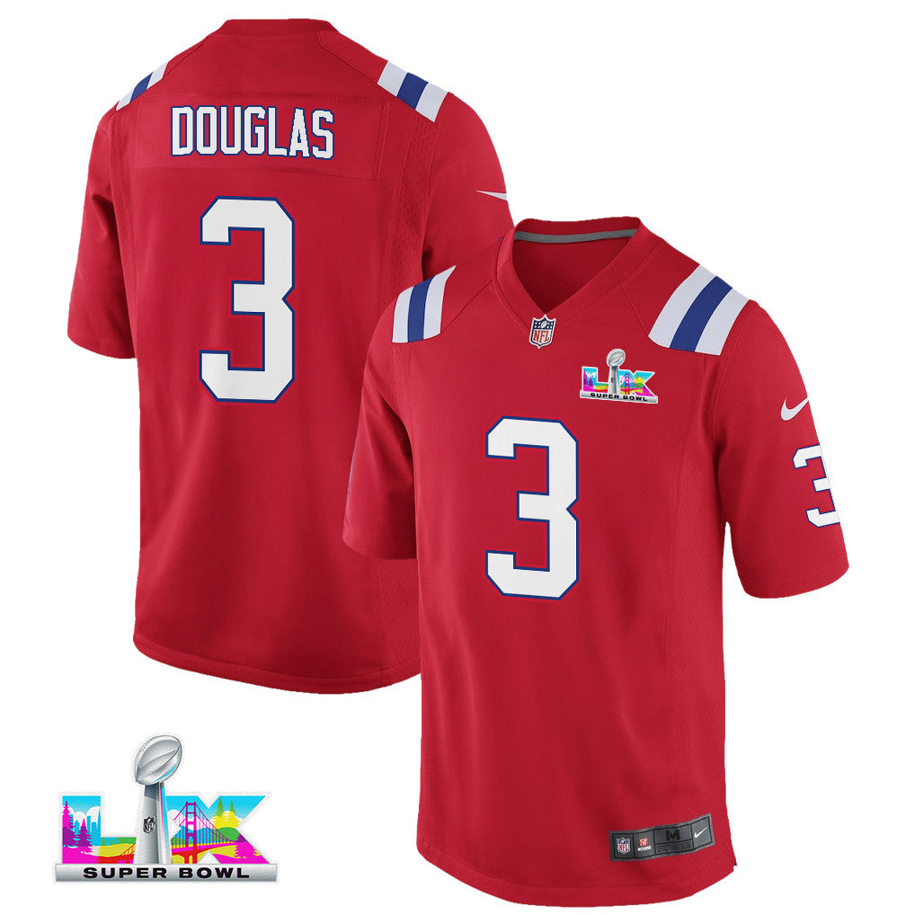 DeMario Douglas 3 New England Patriots YOUTH 2026 Super Bowl LX - Alternate Game Jersey - Red