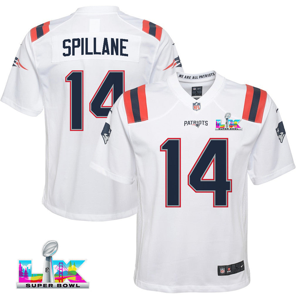 Robert Spillane 14 New England Patriots YOUTH 2026 Super Bowl LX - White Game Jersey