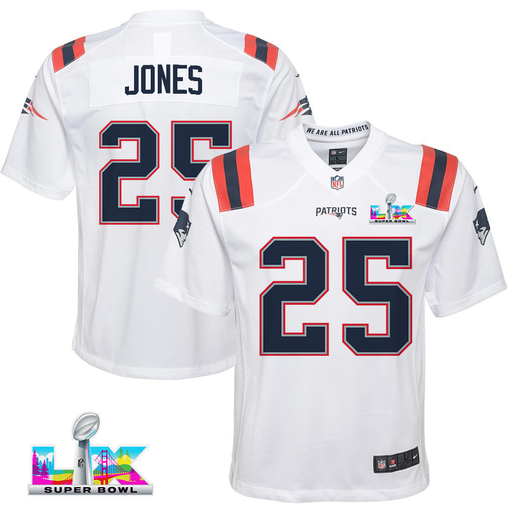 Marcus Jones 25 New England Patriots YOUTH 2026 Super Bowl LX - White Game Jersey