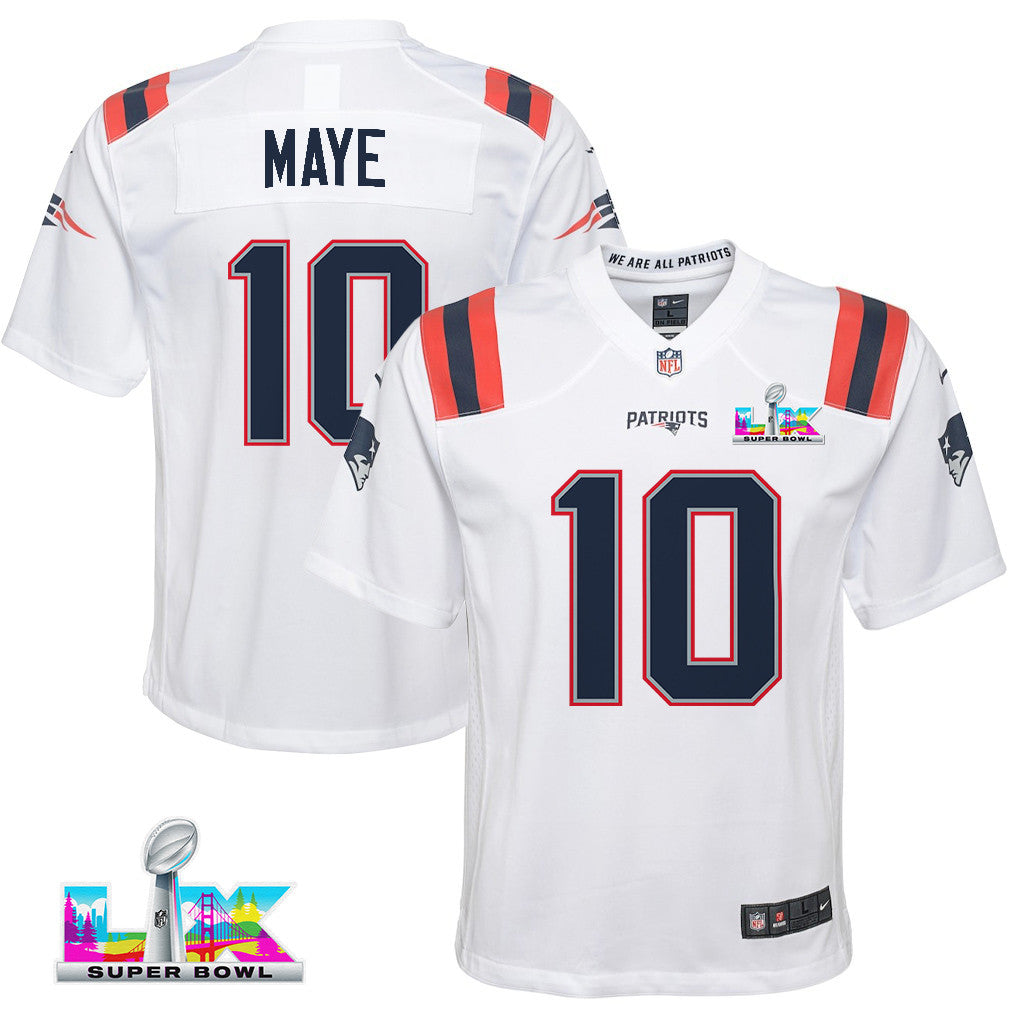 Drake Maye 10 New England Patriots YOUTH 2026 Super Bowl LX - White Game Jersey