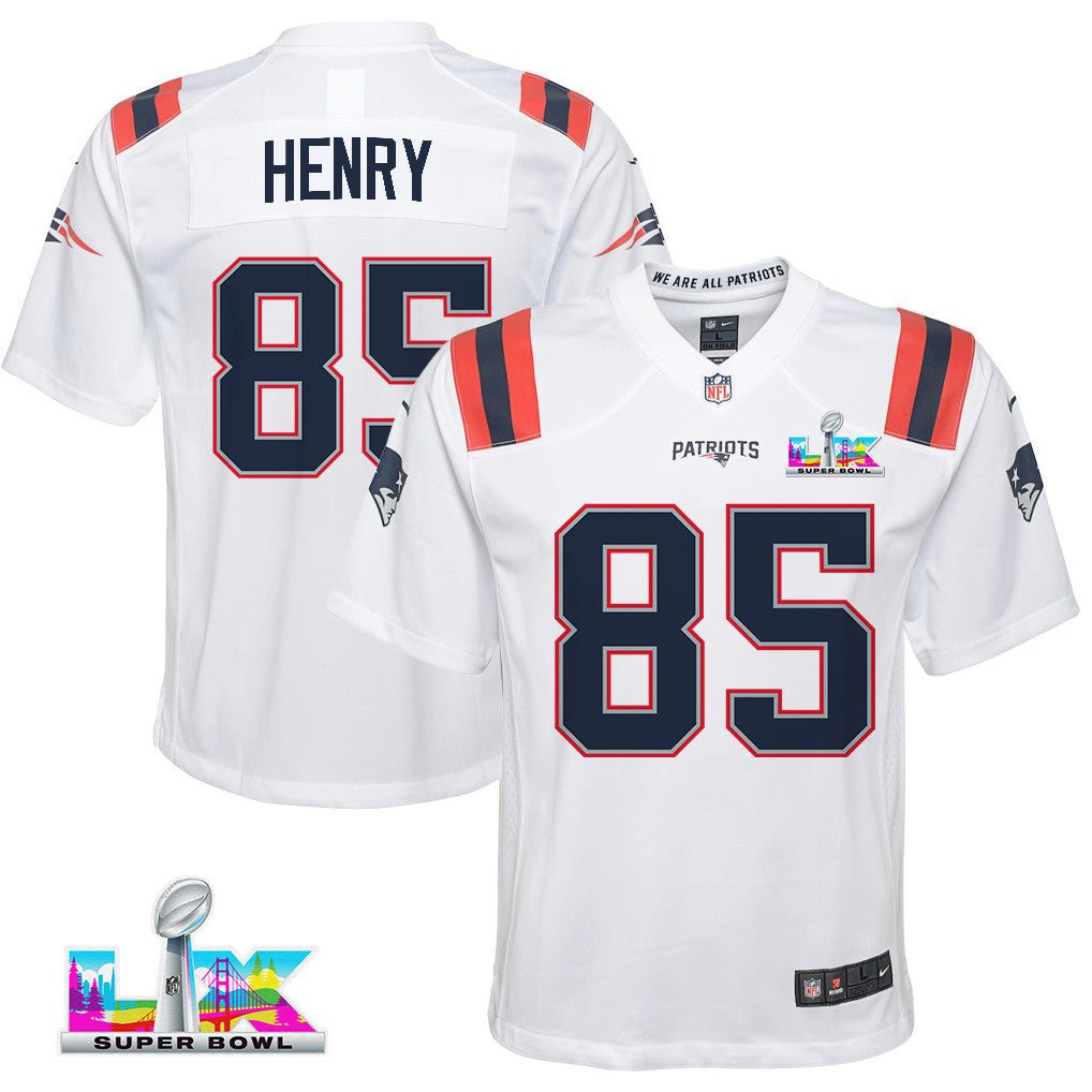 Hunter Henry 85 New England Patriots YOUTH 2026 Super Bowl LX - White Game Jersey