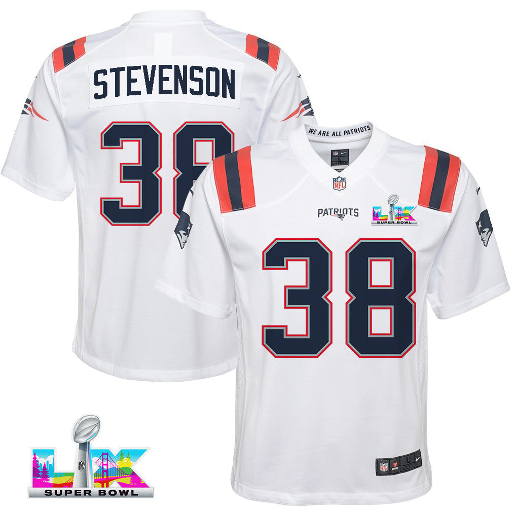 Rhamondre Stevenson 38 New England Patriots YOUTH 2026 Super Bowl LX - White Game Jersey