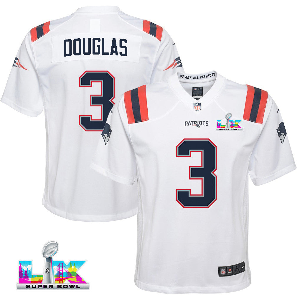 DeMario Douglas 3 New England Patriots YOUTH 2026 Super Bowl LX - White Game Jersey