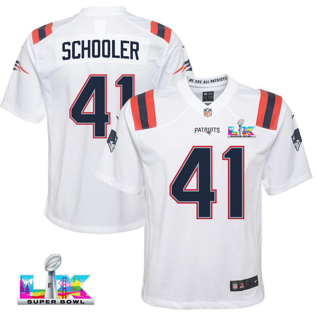 Brenden Schooler 41 New England Patriots YOUTH 2026 Super Bowl LX - White Game Jersey