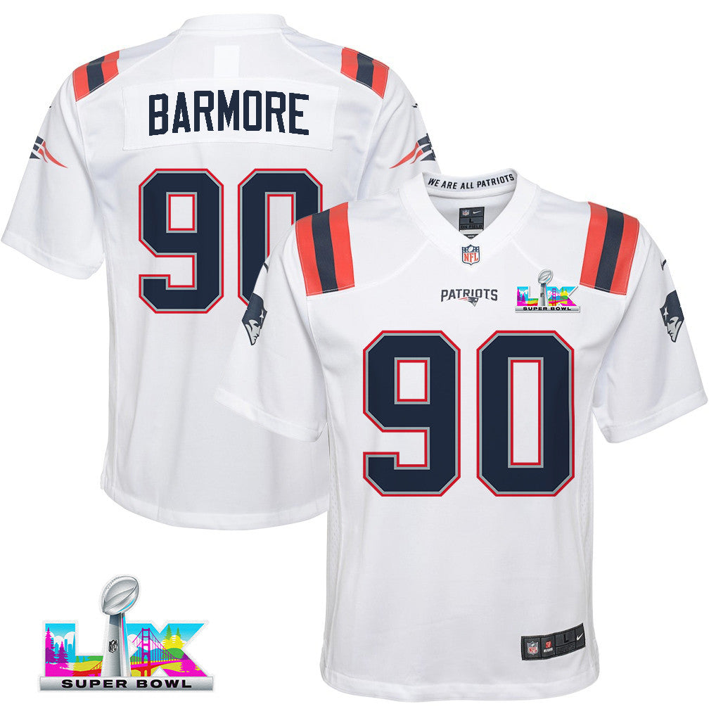 Christian Barmore 90 New England Patriots YOUTH 2026 Super Bowl LX - White Game Jersey