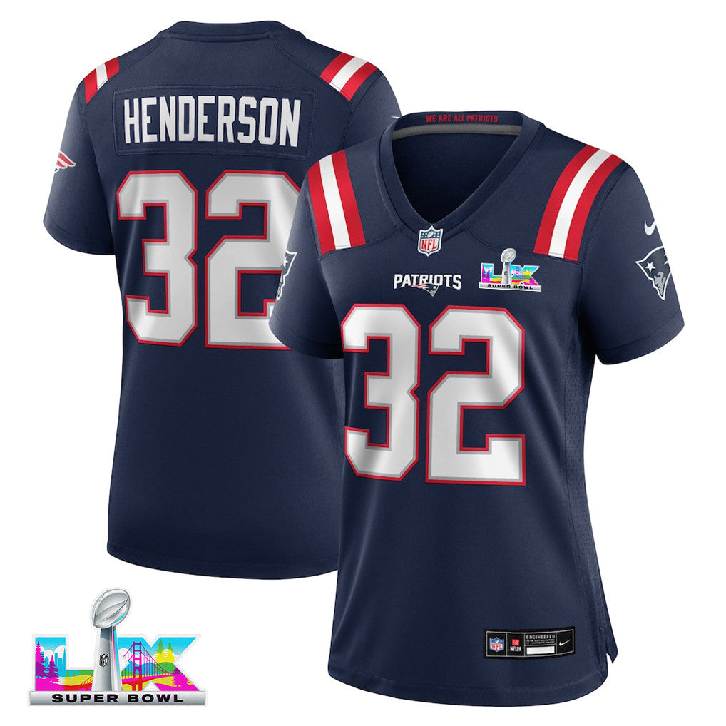 TreVeyon Henderson 32 New England Patriots 2026 Super Bowl LX - Women's Game Jersey - Navy