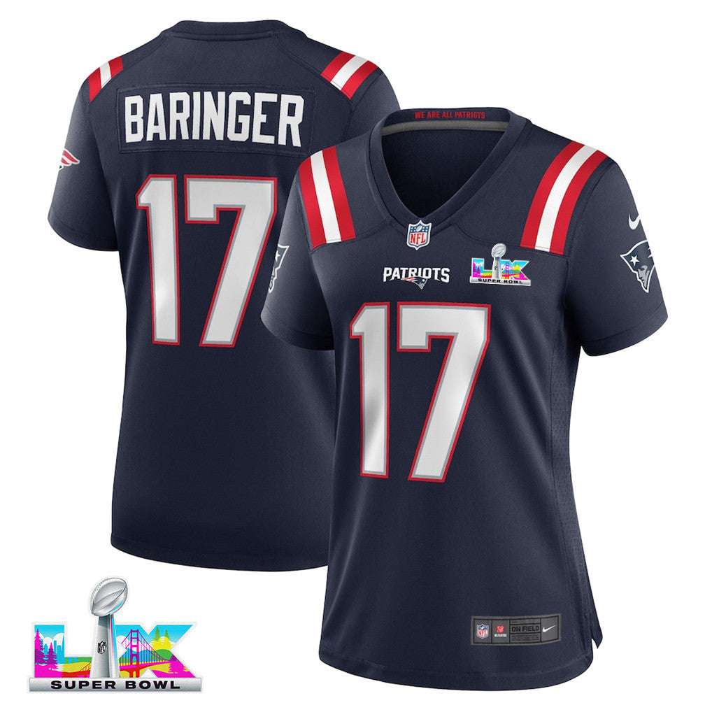 Bryce Baringer 17 New England Patriots 2026 Super Bowl LX - Women's Game Jersey - Navy