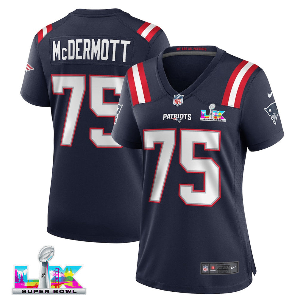 Conor McDermott 75 New England Patriots 2026 Super Bowl LX - Women's Game Jersey - Navy