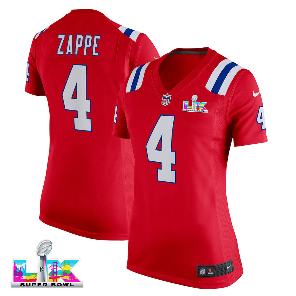 Bailey Zappe 4 New England Patriots 2026 Super Bowl LX - Women's Alternate Game Jersey - Red