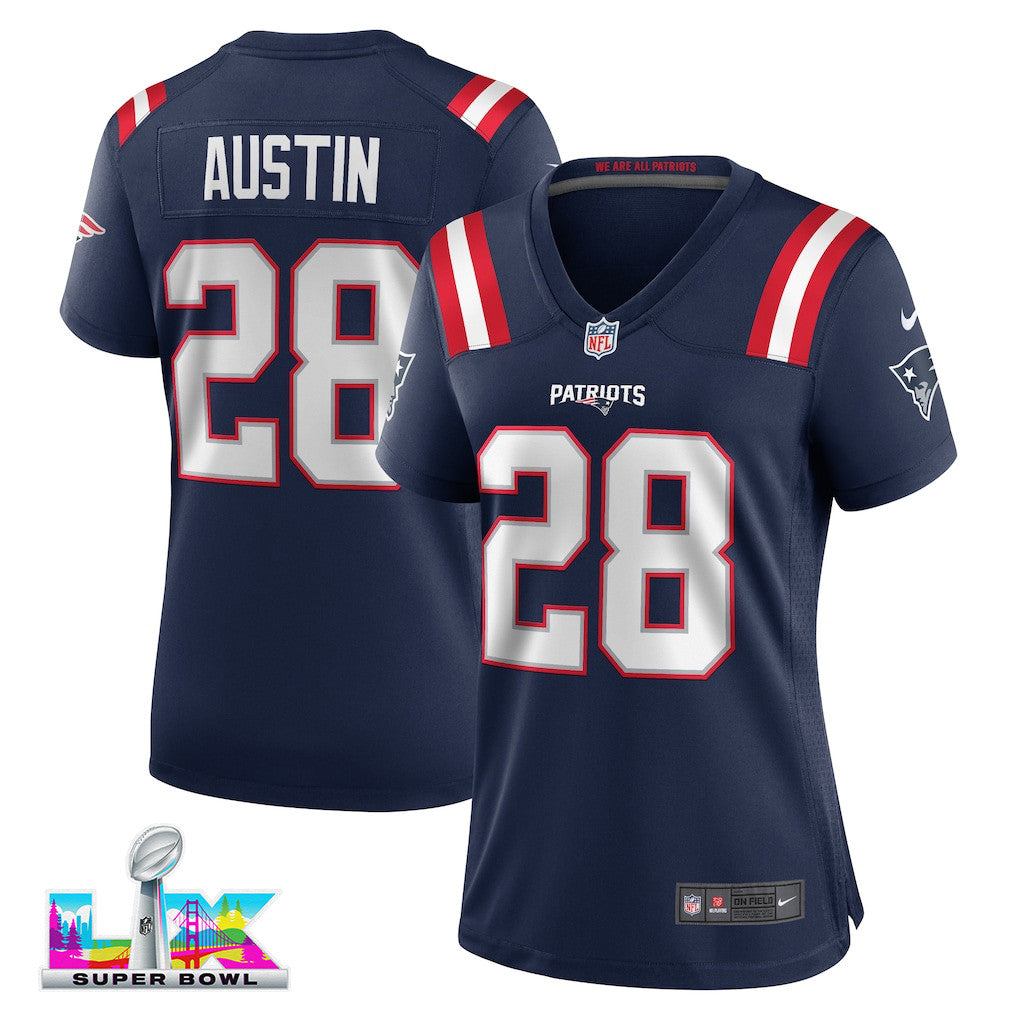 Alex Austin 28 New England Patriots 2026 Super Bowl LX - Women's Game Jersey - Navy
