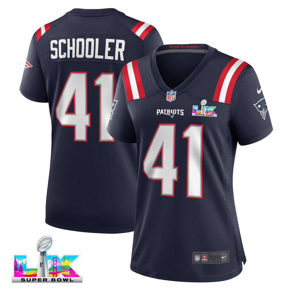 Brenden Schooler 41 New England Patriots 2026 Super Bowl LX - Women's Game Jersey - Navy