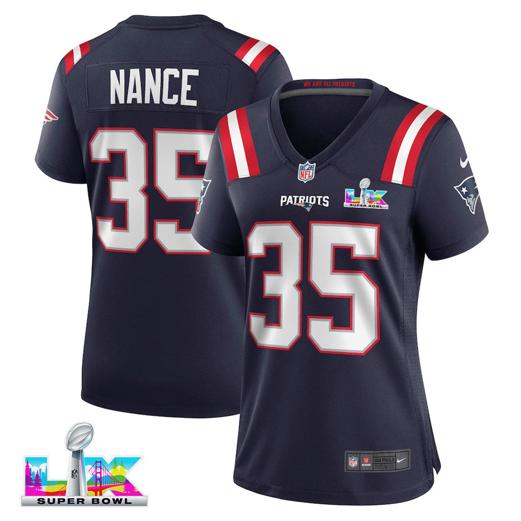 Jim Nance 35 New England Patriots 2026 Super Bowl LX - Women's Game Jersey - Navy