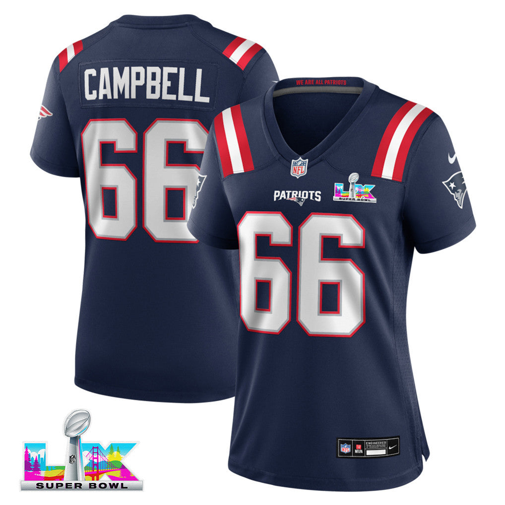 Will Campbell 66 New England Patriots 2026 Super Bowl LX - Women's Game Jersey - Navy