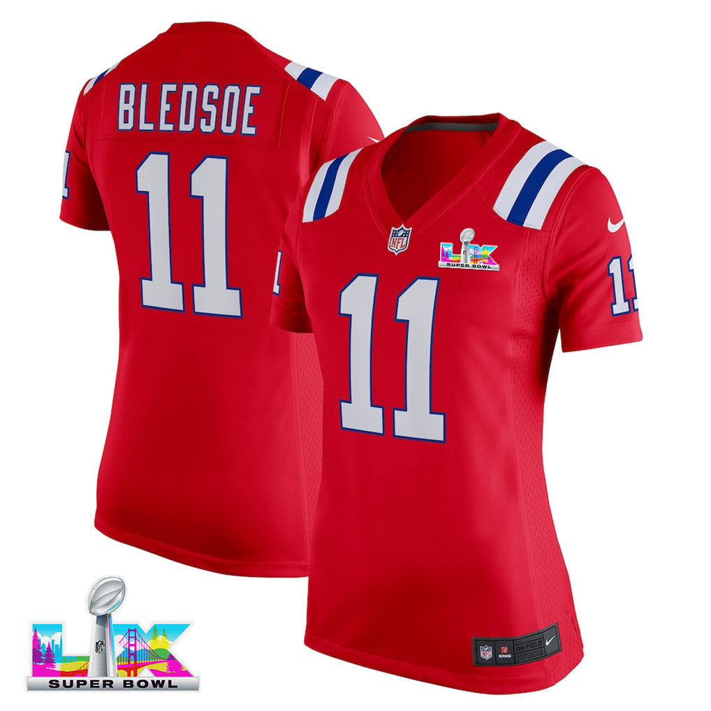 Drew Bledsoe 11 New England Patriots 2026 Super Bowl LX - Women's Alternate Game Jersey - Red