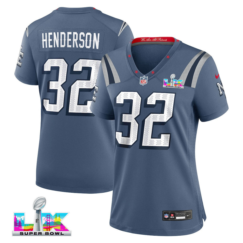 TreVeyon Henderson 32 New England Patriots 2026 Super Bowl LX - Women's Rivalries Game Jersey - Storm Blue