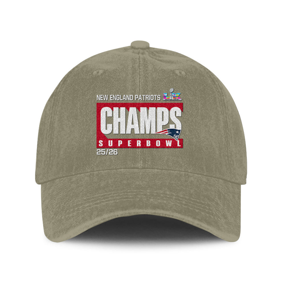 New England Patriots Super Bowl LX Champs 25/26 Washed Cap – Printed Graphic - Olive Khaki