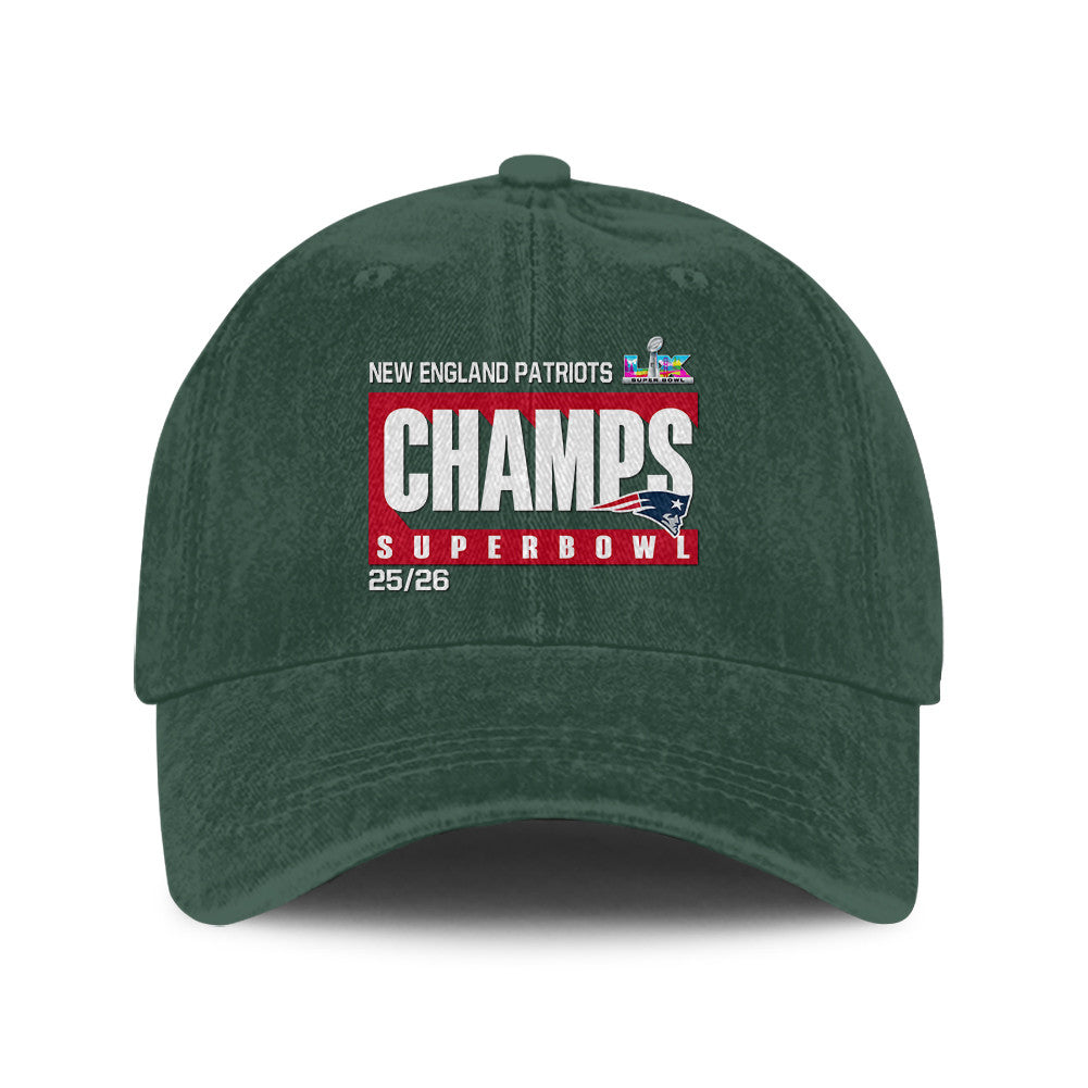 New England Patriots Super Bowl LX Champs 25/26 Washed Cap – Printed Graphic - Green