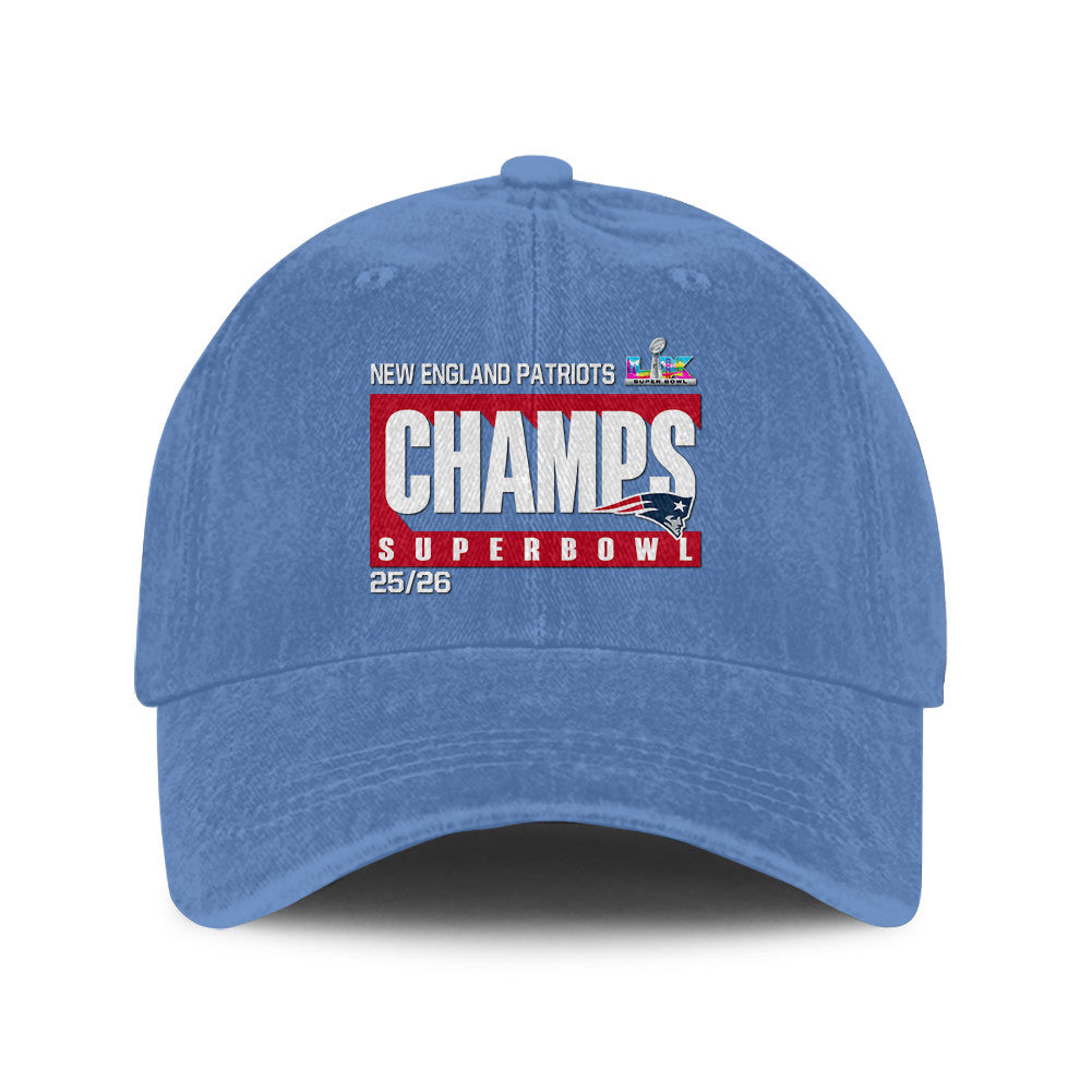 New England Patriots Super Bowl LX Champs 25/26 Washed Cap – Printed Graphic - Denim Blue