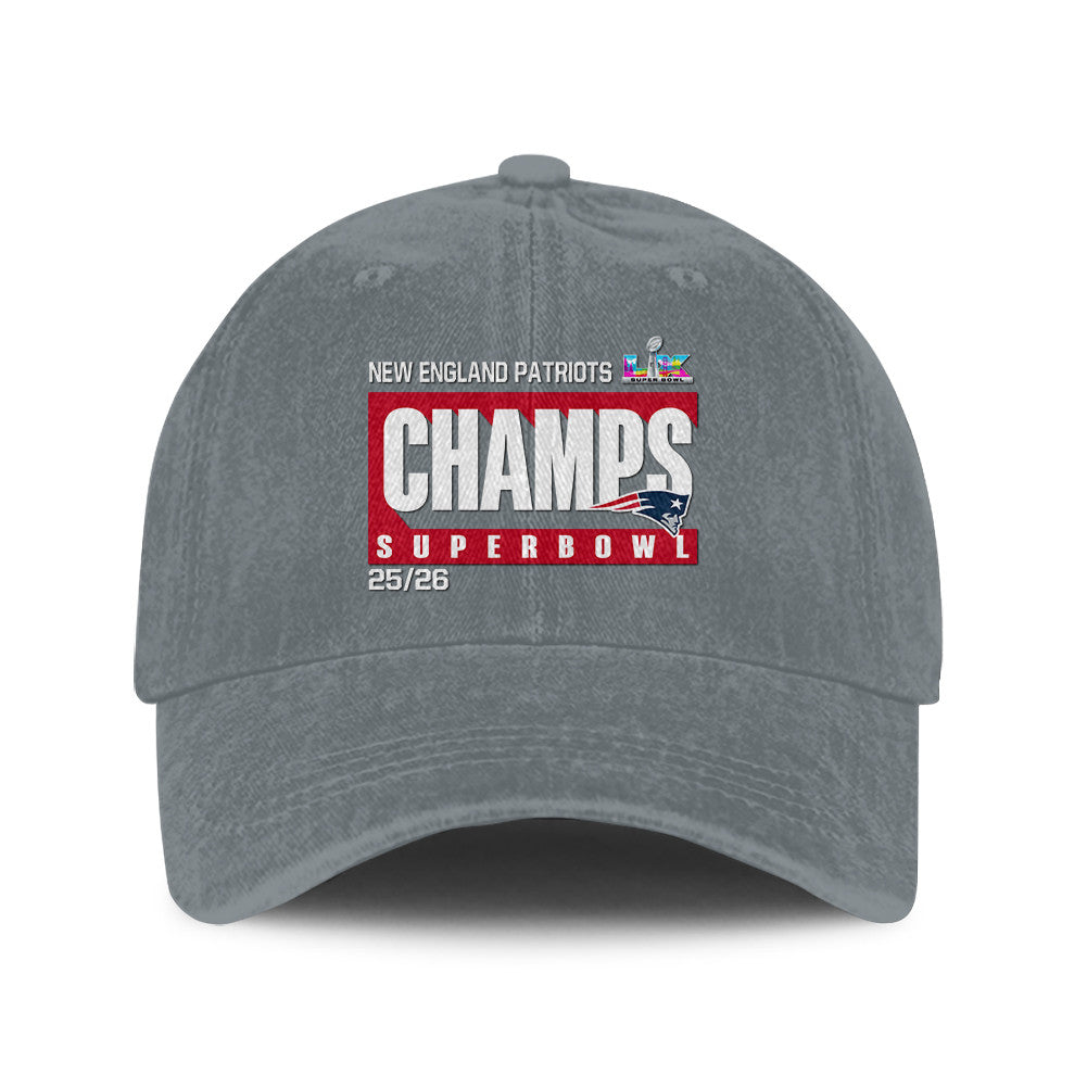 New England Patriots Super Bowl LX Champs 25/26 Washed Cap – Printed Graphic - Light Grey