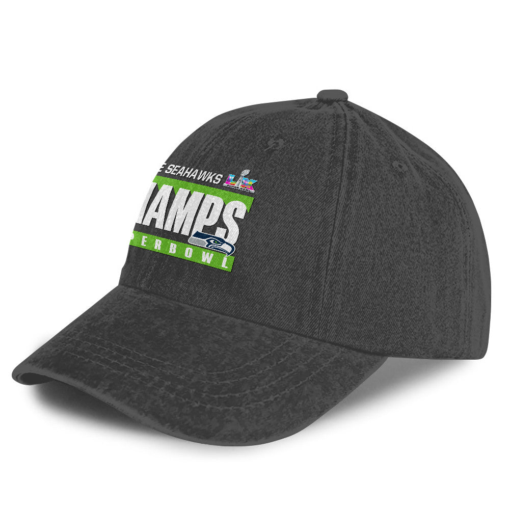 Seattle Seahawks Super Bowl LX Champs 25/26 Washed Cap – Printed Graphic - Dark Grey