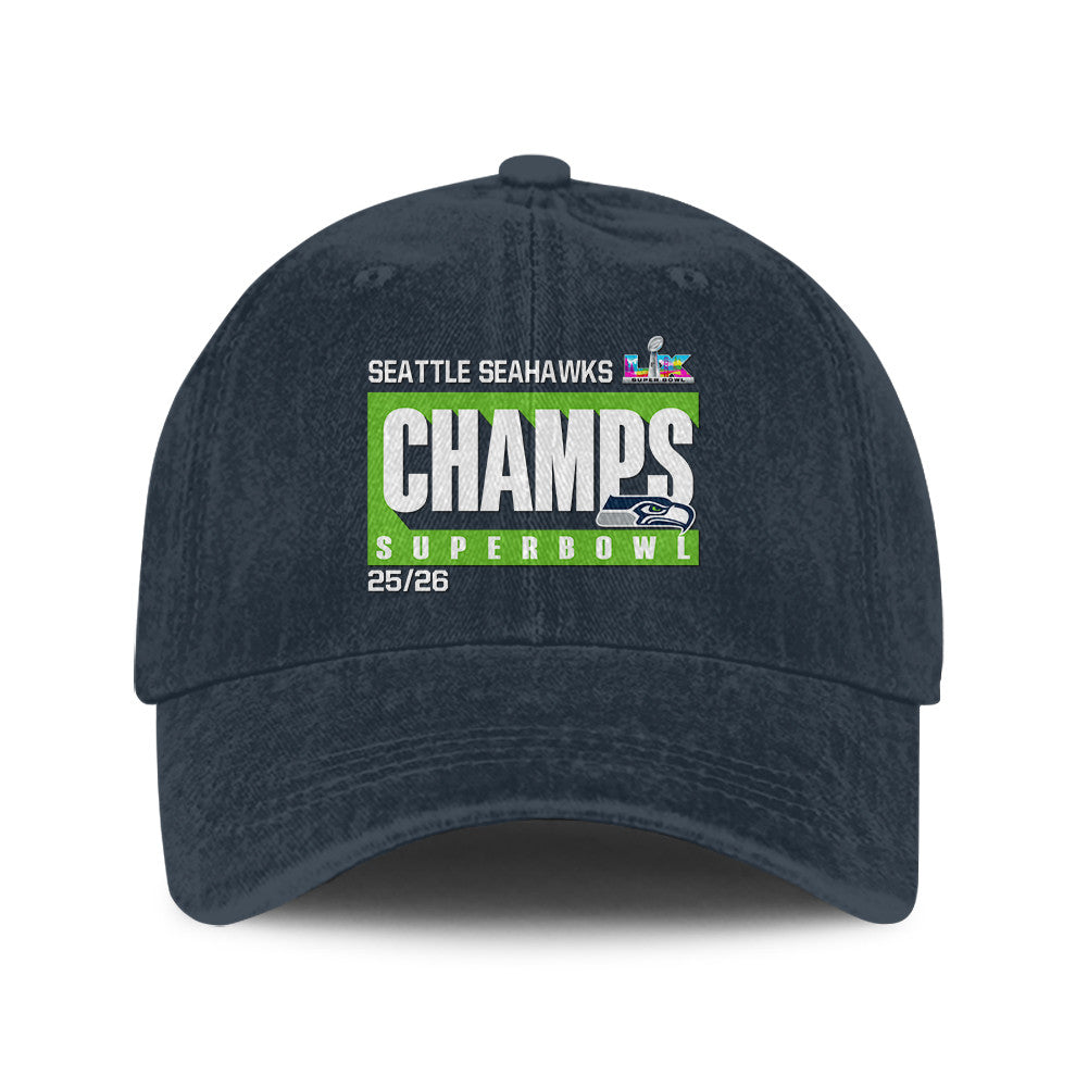 Seattle Seahawks Super Bowl LX Champs 25/26 Washed Cap – Printed Graphic - Navy