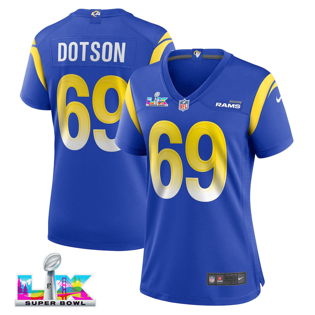 Kevin Dotson 69 Women's Los Angeles Rams 2026 Super Bowl LX - Royal Team Game Jersey