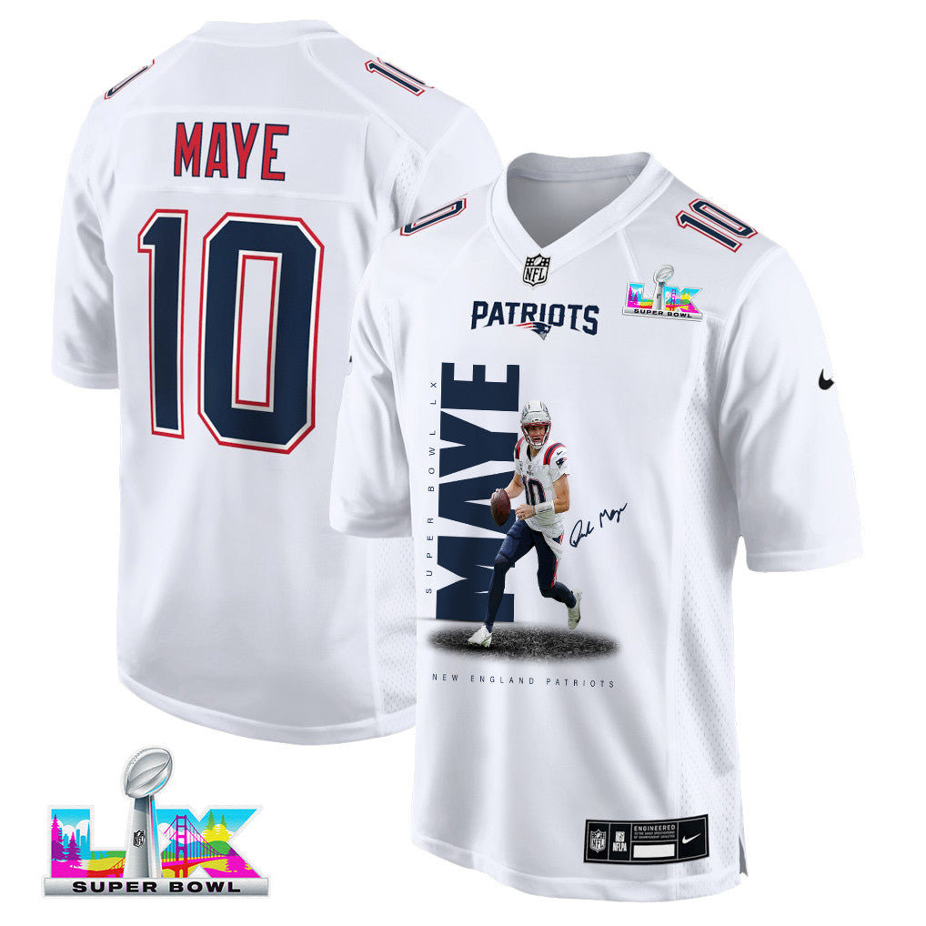 Drake Maye 10 New England Patriots Rising Star Of Super Bowl LX Men Jersey - White