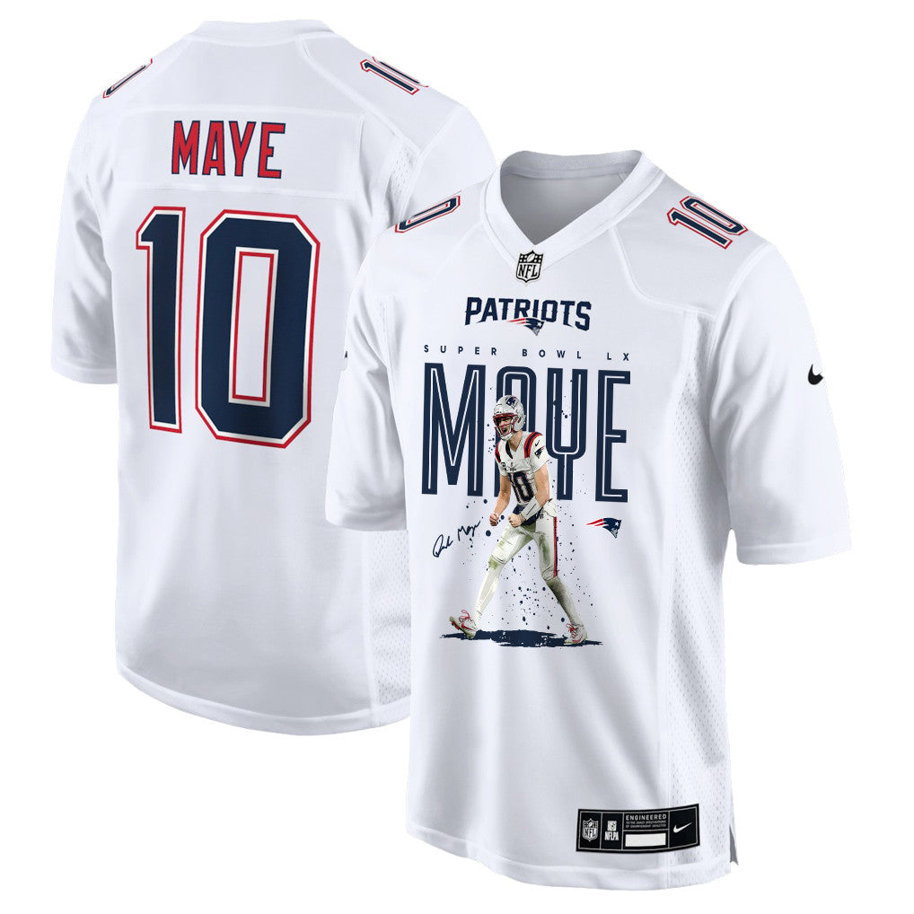 Drake Maye 10 New England Patriots Super Bowl LX Breakout Season Men Jersey – White