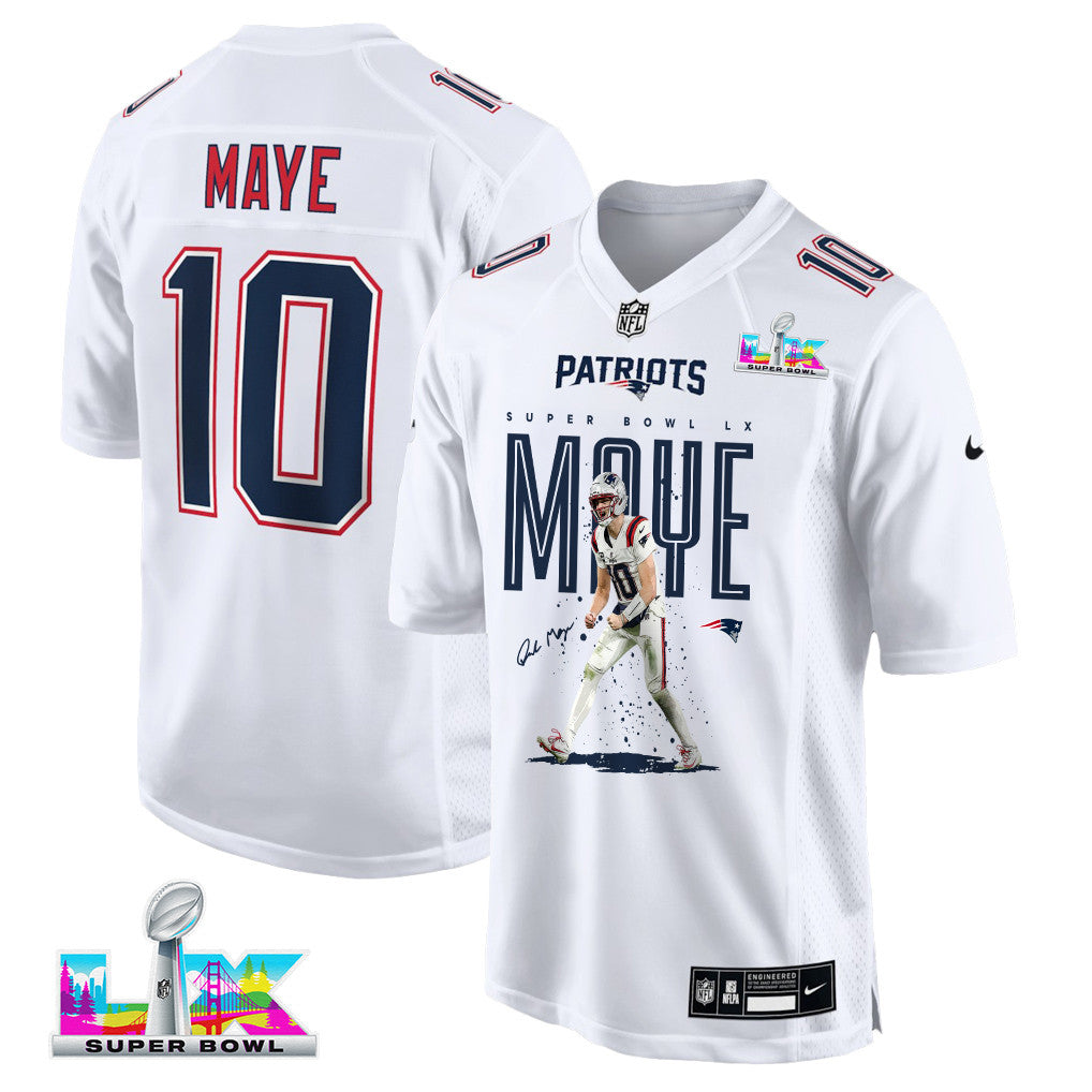 Drake Maye 10 New England Patriots Super Bowl LX Breakout Season Men Jersey – White