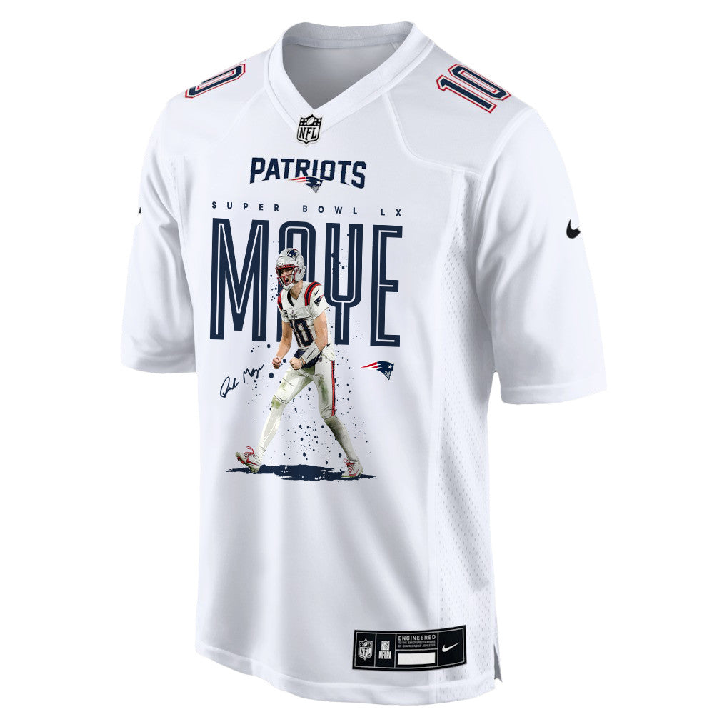 Drake Maye 10 New England Patriots Super Bowl LX Breakout Season Men Jersey – White